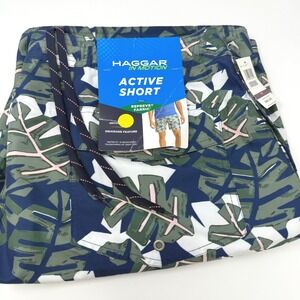 Haggar In Motion Mens Active Short XL 40/42 Tropical Monstera Navy Green NEW